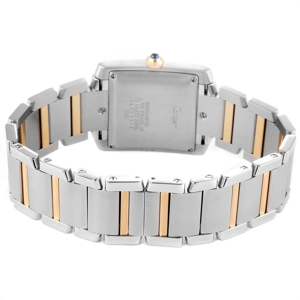 The image shows the back view of a Cartier Tank Francaise W51005Q4 Men's Steel and Gold (two tone) Silver Dial W51005Q4 Men's Steel and Gold (two tone) Silver Dial watch, highlighting its metal bracelet with gold accents.
