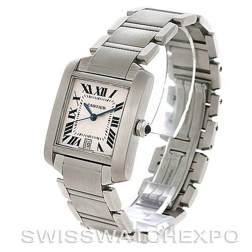The Cartier Tank Francaise W51002Q3 Stainless Steel Silver Dial W51002Q3 Stainless Steel Silver Dial watch is shown at a three-quarter angle, displaying the dial, case, and metal bracelet.
