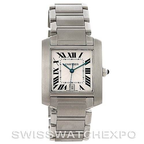 The Cartier Tank Francaise W51002Q3 Stainless Steel Silver Dial W51002Q3 Stainless Steel Silver Dial watch is shown from a top-down angle, displaying the face, bracelet, and clasp.