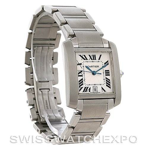 The image shows a side-angle view of the Cartier Tank Française watch with its rectangular case and metal bracelet.