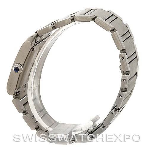 The image shows a side view of the Cartier Tank Francaise W51002Q3 Stainless Steel Silver Dial W51002Q3 Stainless Steel Silver Dial watch, highlighting its bracelet and crown.