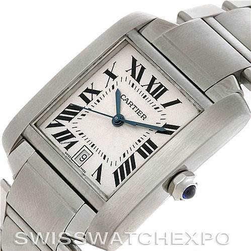 The image shows a close-up angled view of a Cartier Tank Francaise W51002Q3 Stainless Steel Silver Dial W51002Q3 Stainless Steel Silver Dial watch, including its face, crown, and part of the bracelet.