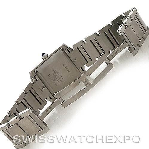 This image shows the back and bracelet of a Cartier Tank Francaise W51002Q3 Stainless Steel Silver Dial W51002Q3 Stainless Steel Silver Dial watch.