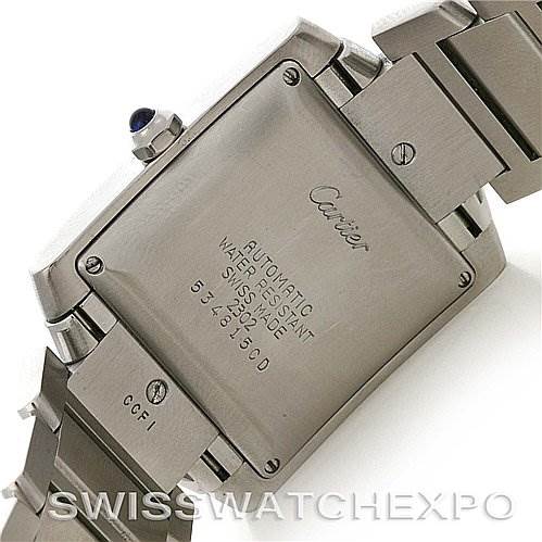 The image shows the back view of a Cartier Tank Francaise W51002Q3 Stainless Steel Silver Dial W51002Q3 Stainless Steel Silver Dial watch, displaying the case back, bracelet, and clasp.