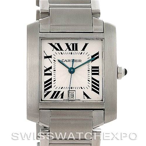 This image shows a front view of the Cartier Tank Francaise W51002Q3 Stainless Steel Silver Dial W51002Q3 Stainless Steel Silver Dial watch, highlighting its face, Roman numeral markers, and metal bracelet.