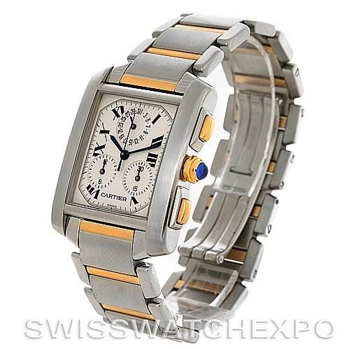 The image shows a Cartier Tank Francaise W51004Q4 Men's Steel and Gold (two tone) Silver Dial W51004Q4 Men's Steel and Gold (two tone) Silver Dial watch at a three-quarter angle, highlighting the face, bracelet, and clasp.