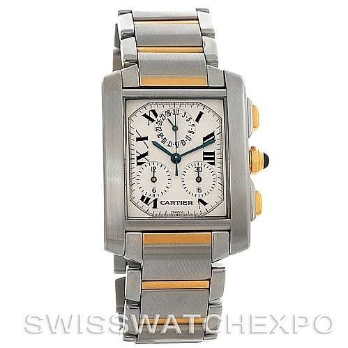 This image shows a front view of the Cartier Tank Francaise W51004Q4 Men's Steel and Gold (two tone) Silver Dial W51004Q4 Men's Steel and Gold (two tone) Silver Dial watch, highlighting its face, bracelet, and side buttons.