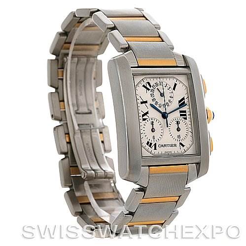 The image shows a Cartier Tank Francaise W51004Q4 Men's Steel and Gold (two tone) Silver Dial W51004Q4 Men's Steel and Gold (two tone) Silver Dial watch at a slight angle, highlighting its rectangular face, two-tone metal bracelet, and side pushers.