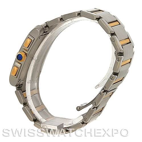 This image shows a side view of the Cartier Tank Francaise W51004Q4 Men's Steel and Gold (two tone) Silver Dial W51004Q4 Men's Steel and Gold (two tone) Silver Dial watch, highlighting the bracelet, clasp, and crown.