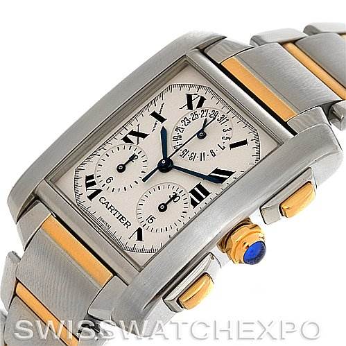 This image shows a Cartier Tank Francaise W51004Q4 Men's Steel and Gold (two tone) Silver Dial W51004Q4 Men's Steel and Gold (two tone) Silver Dial watch at an angled top view, highlighting its face, crown, and part of the bracelet.