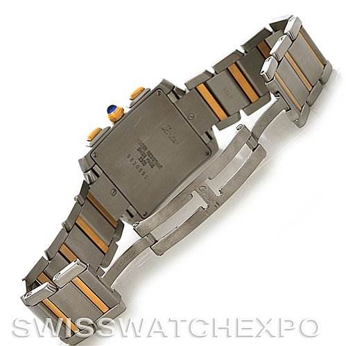 Back view of a Cartier Tank Francaise W51004Q4 Men's Steel and Gold (two tone) Silver Dial W51004Q4 Men's Steel and Gold (two tone) Silver Dial watch, showing the case, bracelet, and clasp.