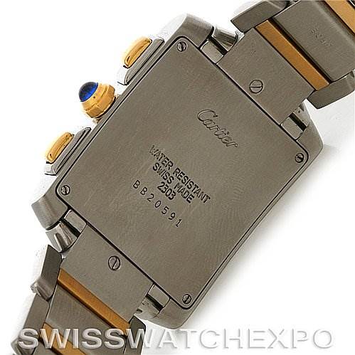 This image shows the back view of a Cartier Tank Française watch, highlighting the stainless steel case, markings, and part of the bracelet.