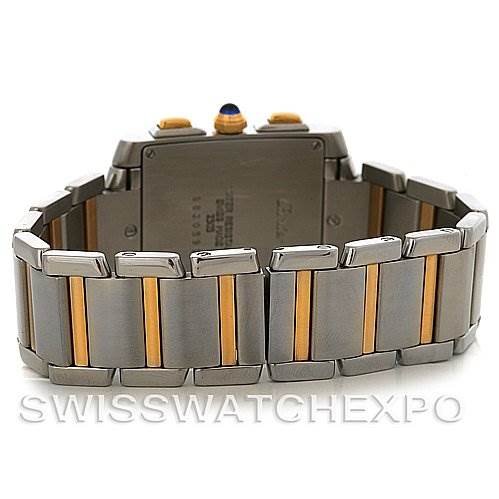 This image features the back view of a Tank Francaise watch by Cartier, highlighting its two-tone metal bracelet and clasp.