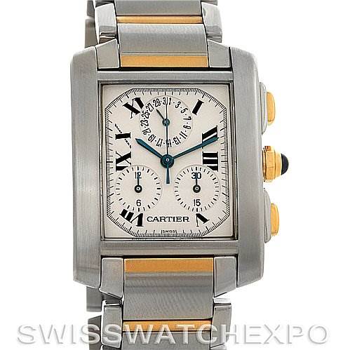 This image shows a front view of the Cartier Tank Francaise W51004Q4 Men's Steel and Gold (two tone) Silver Dial W51004Q4 Men's Steel and Gold (two tone) Silver Dial watch, highlighting its face, strap, and side buttons.