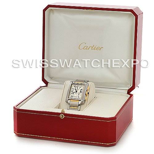The Cartier Tank Francaise W51004Q4 Men's Steel and Gold (two tone) Silver Dial W51004Q4 Men's Steel and Gold (two tone) Silver Dial watch is shown at a front angle inside its open red box with a white interior.