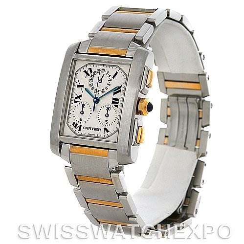 The image shows a Cartier Tank Francaise W51004Q4 Men's Steel and Gold (two tone) Silver Dial W51004Q4 Men's Steel and Gold (two tone) Silver Dial watch at a 3/4 angle, displaying its face, side buttons, and two-tone metal bracelet.