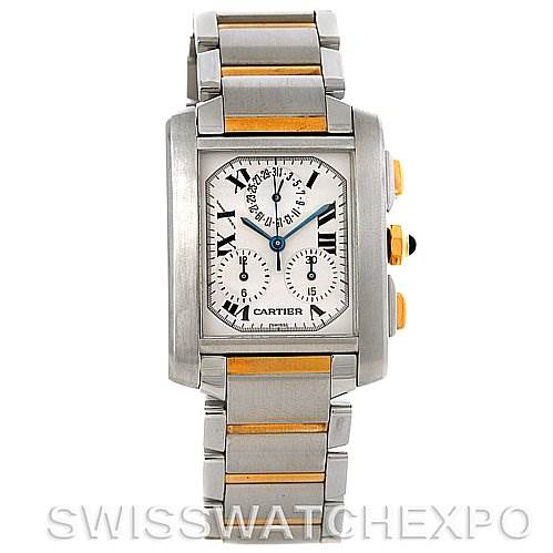 The image shows the front view of a Cartier Tank Francaise W51004Q4 Men's Steel and Gold (two tone) Silver Dial W51004Q4 Men's Steel and Gold (two tone) Silver Dial watch, highlighting its face, bezel, and bracelet with gold accents.