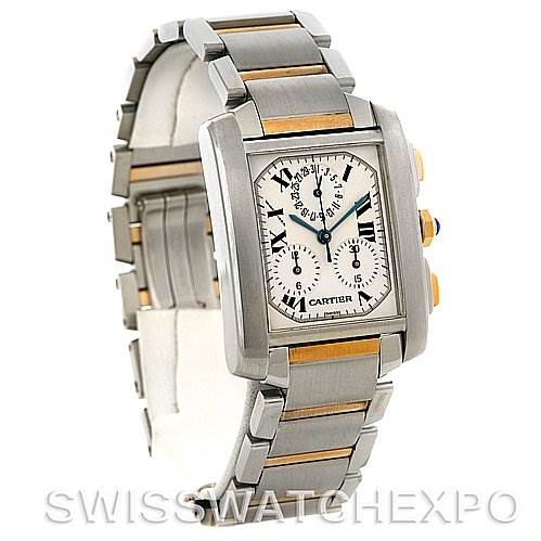 The image shows a Cartier Tank Francaise W51004Q4 Men's Steel and Gold (two tone) Silver Dial W51004Q4 Men's Steel and Gold (two tone) Silver Dial watch at a three-quarter angle, highlighting the face, bezel, bracelet, and side buttons.