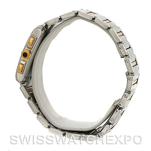 The image shows a side view of the Cartier Tank Française watch, highlighting its bracelet and crown details.