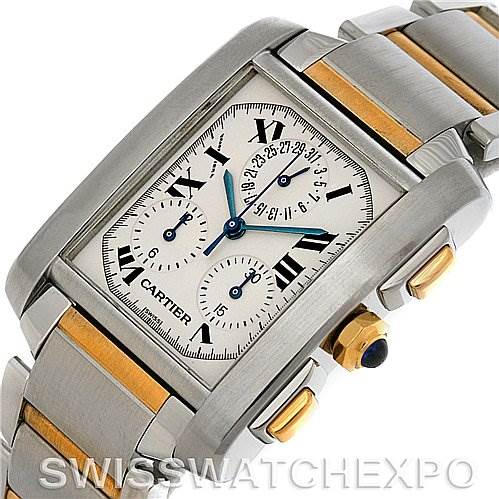 The image shows a Cartier Tank Française watch at an angled close-up, highlighting its face, crown, and part of the bracelet.