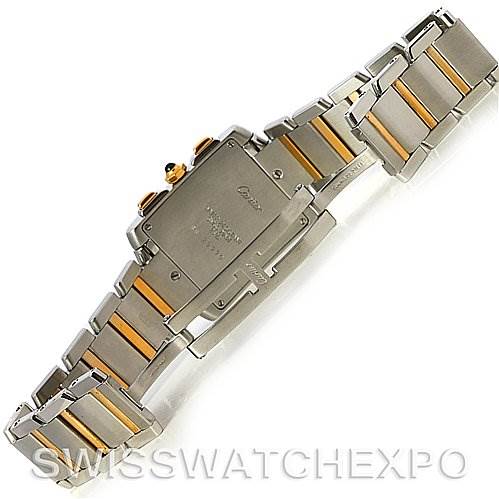 The image shows the back and bracelet of a Cartier Tank Francaise W51004Q4 Men's Steel and Gold (two tone) Silver Dial W51004Q4 Men's Steel and Gold (two tone) Silver Dial watch, including its clasp and the brand engraving.