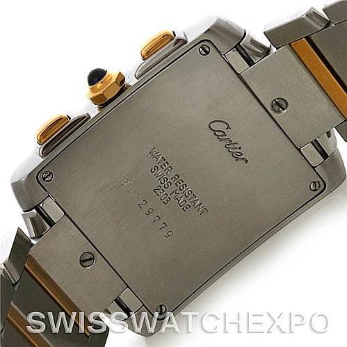 This image shows the back case of a Cartier Tank Française watch, highlighting its water resistance information and serial number.