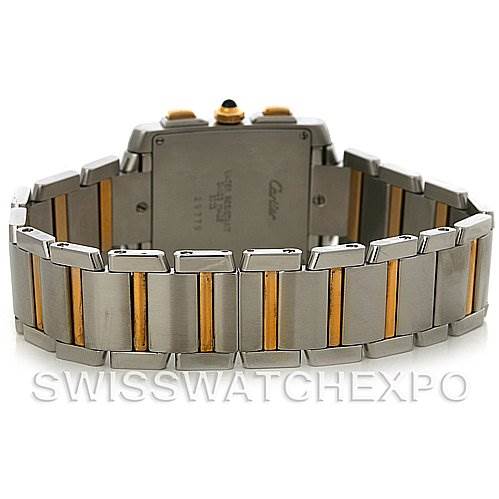 The image shows the back view of a Cartier Tank Francaise W51004Q4 Men's Steel and Gold (two tone) Silver Dial W51004Q4 Men's Steel and Gold (two tone) Silver Dial watch with a focus on its stainless steel and gold bracelet.