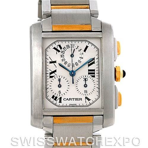 This image shows a front view of a Cartier Tank Francaise W51004Q4 Men's Steel and Gold (two tone) Silver Dial W51004Q4 Men's Steel and Gold (two tone) Silver Dial watch, highlighting its dial, Roman numerals, and two subdials.