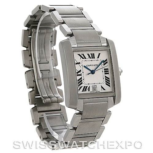 The image shows a Cartier Tank Francaise W51002Q3 Men's Stainless Steel Silver Dial W51002Q3 Men's Stainless Steel Silver Dial watch from a slightly top-right angle, displaying the face, bracelet, and part of the clasp.