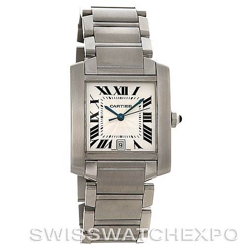 The image shows a Cartier Tank Francaise W51002Q3 Men's Stainless Steel Silver Dial W51002Q3 Men's Stainless Steel Silver Dial watch from a front angle, highlighting its rectangular face, Roman numerals, and stainless steel bracelet.