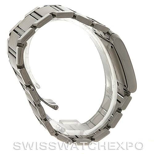 The image shows the Cartier Tank Française watch from a side angle, highlighting its bracelet and clasp.