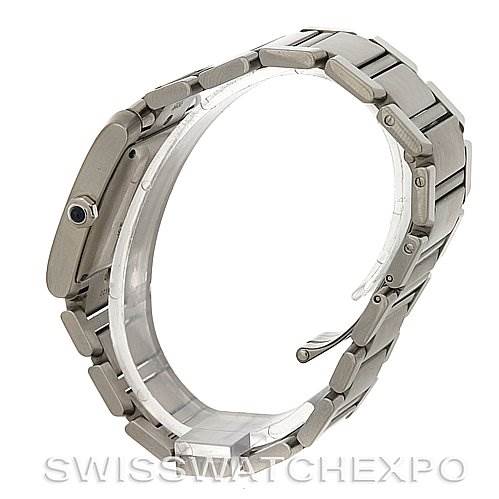 This image shows a side view of a Tank Francaise model by Cartier, highlighting its metal bracelet and clasp.