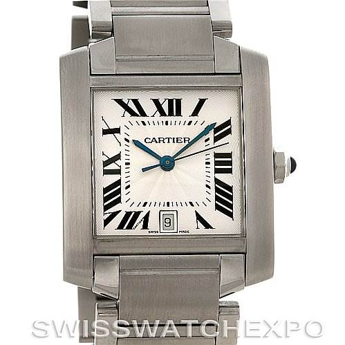 The image shows a front view of a Cartier Tank Francaise W51002Q3 Men's Stainless Steel Silver Dial W51002Q3 Men's Stainless Steel Silver Dial watch, highlighting its rectangular face, Roman numerals, blue hands, and metal bracelet.