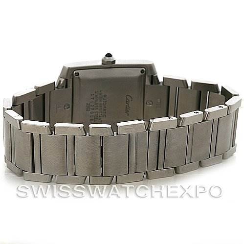 This image displays the back view of a Cartier Tank Française watch, focusing on the bracelet and case back.