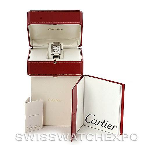 The image shows a Cartier Tank Francaise W51002Q3 Men's Stainless Steel Silver Dial W51002Q3 Men's Stainless Steel Silver Dial watch in its open box, accompanied by documentation and packaging.