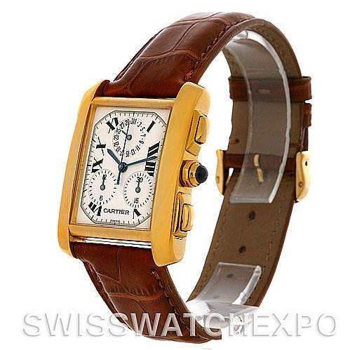 The Cartier Tank Francaise W5000556 Men's Yellow Gold Silver Dial W5000556 Men's Yellow Gold Silver Dial watch is shown at an oblique angle highlighting its face, casing, chronograph buttons, and brown leather strap.