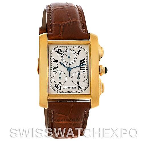 The image shows a Cartier Tank Francaise W5000556 Men's Yellow Gold Silver Dial W5000556 Men's Yellow Gold Silver Dial watch from the front, highlighting the face, case, chronograph dials, and brown leather strap.