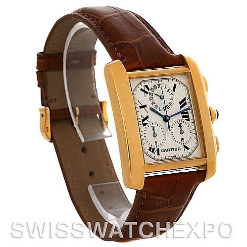 This image shows a Cartier Tank Française watch at an angled side view, highlighting the gold case, brown leather strap, and rectangular dial.