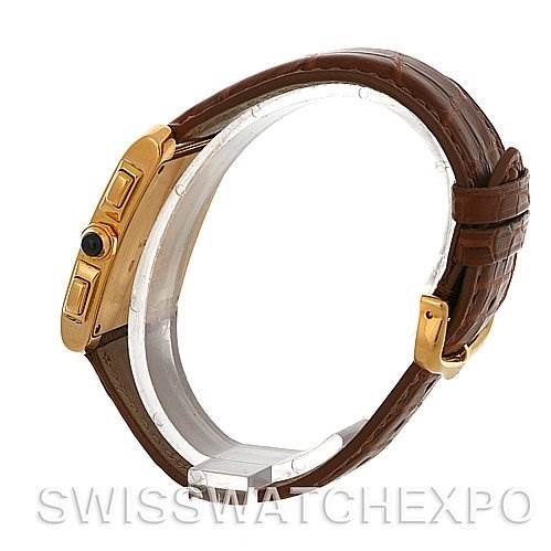 The image shows a side view of a Cartier Tank Francaise W5000556 Men's Yellow Gold Silver Dial W5000556 Men's Yellow Gold Silver Dial watch with a brown leather strap and gold casing.