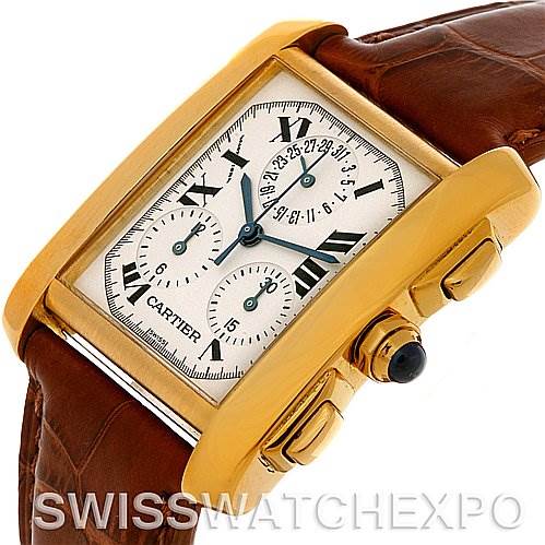 The image shows a side angle of the Cartier Tank Francaise W5000556 Men's Yellow Gold Silver Dial W5000556 Men's Yellow Gold Silver Dial watch, highlighting its rectangular gold case, chronograph dials, and brown leather strap.