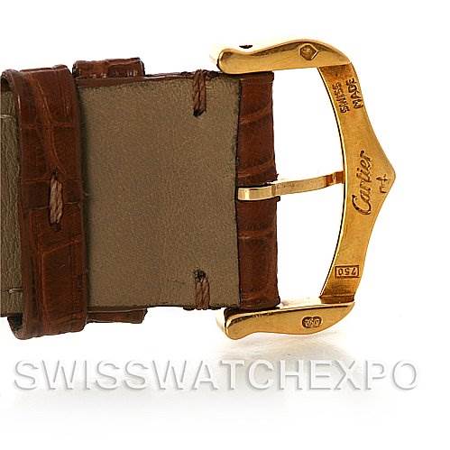 The image shows a close-up of the clasp and the end of the leather strap of a Cartier Tank Française watch.