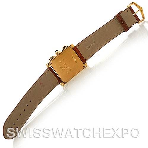 The image shows the back view of a Cartier Tank Francaise W5000556 Men's Yellow Gold Silver Dial W5000556 Men's Yellow Gold Silver Dial watch, fully displaying its case back and leather strap.