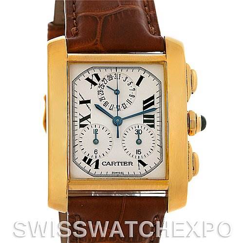 The image shows a front view of a Cartier Tank Francaise W5000556 Men's Yellow Gold Silver Dial W5000556 Men's Yellow Gold Silver Dial watch with a brown leather strap and gold case.