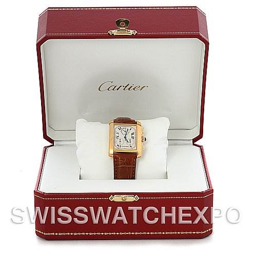 The Cartier Tank Francaise W5000556 Men's Yellow Gold Silver Dial W5000556 Men's Yellow Gold Silver Dial watch is displayed front-facing inside an open red Cartier box.