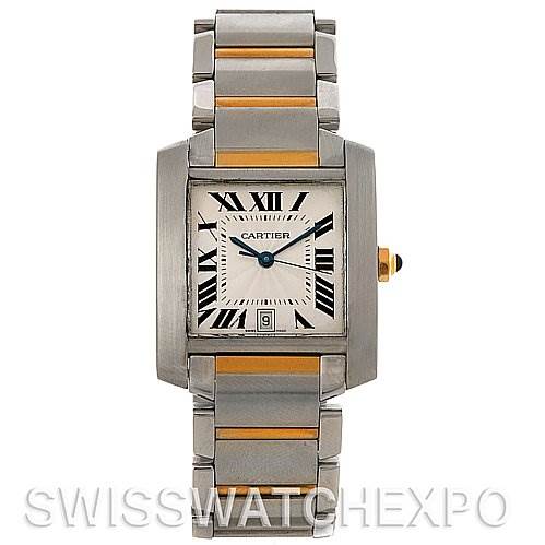 This image shows a front view of a Cartier Tank Francaise W51005Q4 Men's Steel and Gold (two tone) Silver Dial W51005Q4 Men's Steel and Gold (two tone) Silver Dial watch, highlighting the metal band, rectangular face, and Roman numeral markers.