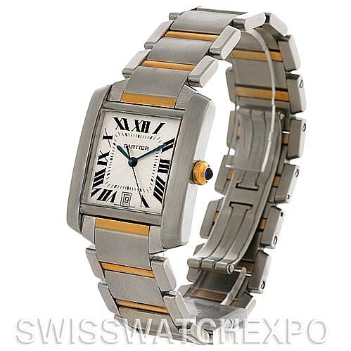 This image shows a Cartier Tank Francaise W51005Q4 Men's Steel and Gold (two tone) Silver Dial W51005Q4 Men's Steel and Gold (two tone) Silver Dial watch at a three-quarter view, displaying its face, band, and crown.