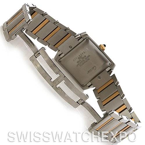 The image shows the back view and bracelet of a Cartier Tank Francaise W51005Q4 Men's Steel and Gold (two tone) Silver Dial W51005Q4 Men's Steel and Gold (two tone) Silver Dial watch, highlighting the clasp and case back.