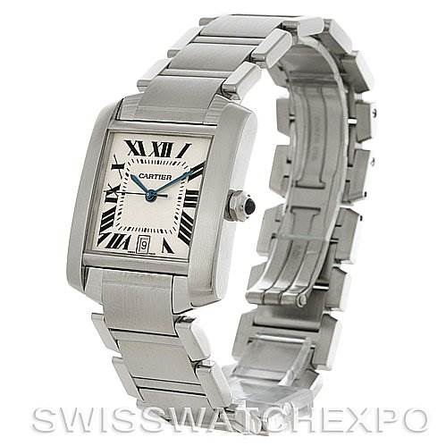 The image shows a Tank Française model by Cartier, with an angled view showcasing the dial, bracelet, and crown.