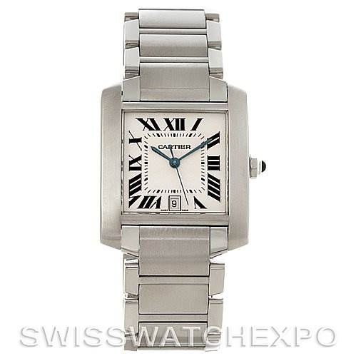 The image shows a front view of a Cartier Tank Francaise W51002Q3 Men's Stainless Steel Silver Dial W51002Q3 Men's Stainless Steel Silver Dial watch, featuring its rectangular face, bracelet, and iconic Roman numerals.
