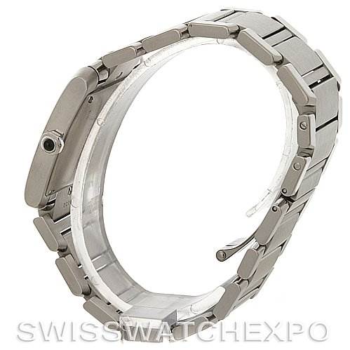 The image shows a side profile of a Cartier Tank Francaise W51002Q3 Men's Stainless Steel Silver Dial W51002Q3 Men's Stainless Steel Silver Dial watch, highlighting its stainless steel band and case.